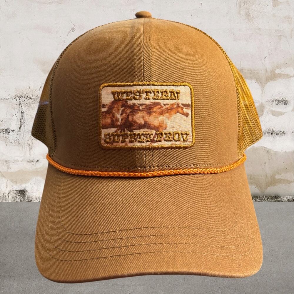 Capture Western Graphic Brown Trucker Hat with Orange Trim NWT - Picture 1 of 3